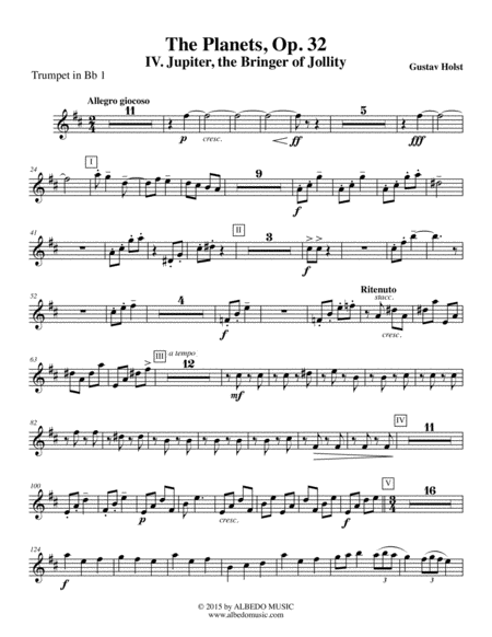 Free Sheet Music Holst The Planets Iv Jupiter The Bringer Of Jollity Trumpet In Bb 1 Transposed Part Op 32