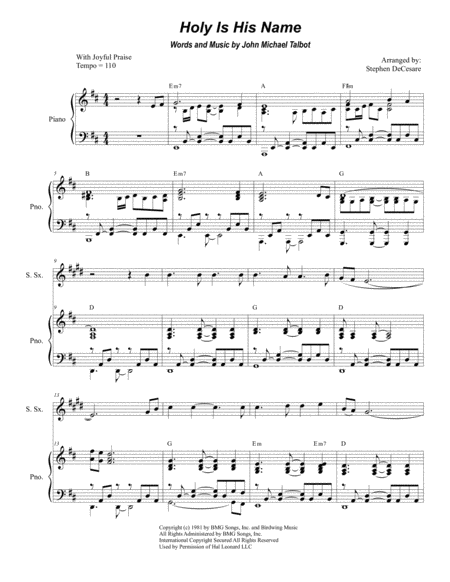 Holy Is His Name Duet For Soprano And Tenor Saxophone Sheet Music