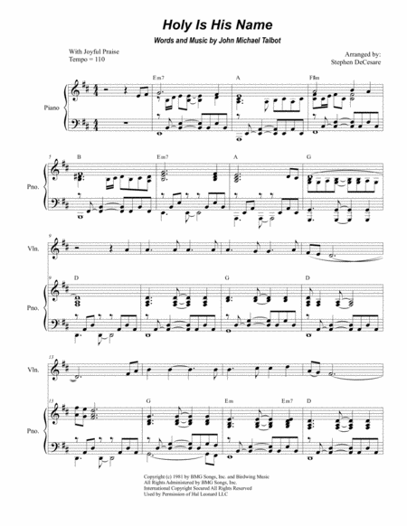 Holy Is His Name Duet For Violin And Cello Sheet Music