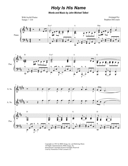 Free Sheet Music Holy Is His Name For Saxophone Quartet