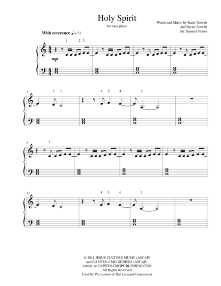 Holy Spirit For Easy Piano Sheet Music