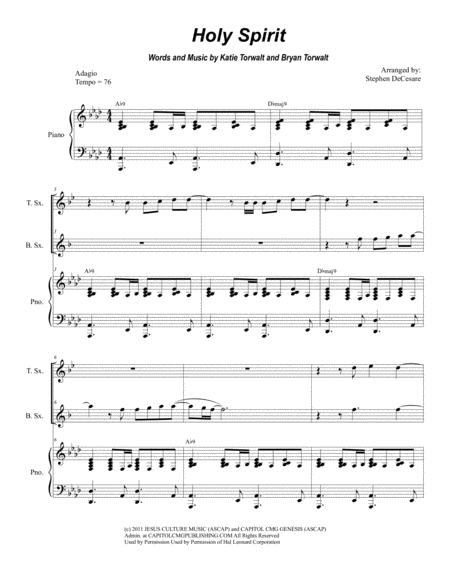 Free Sheet Music Holy Spirit For Saxophone Quartet