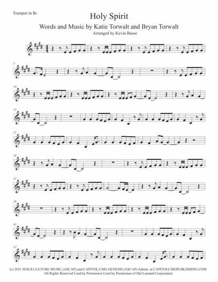 Holy Spirit Original Key Trumpet Sheet Music