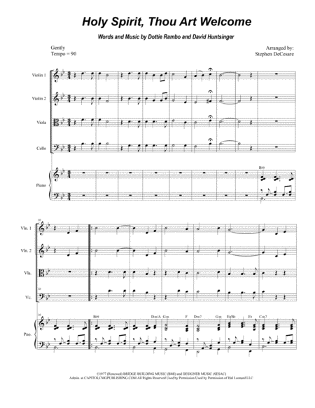 Holy Spirit Thou Art Welcome For String Quartet And Piano Sheet Music