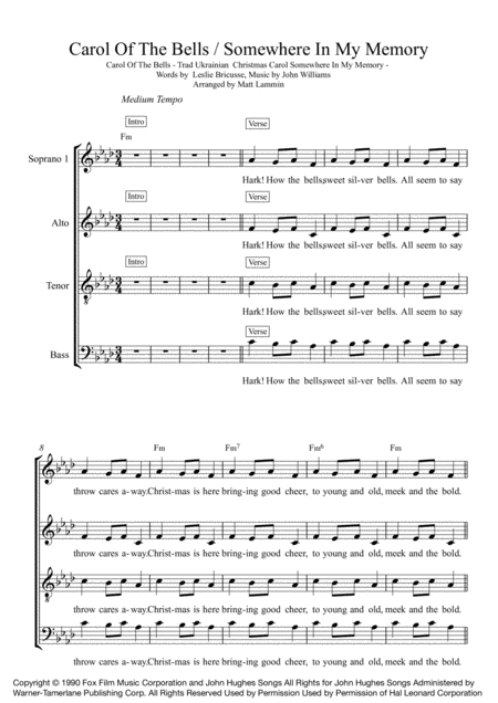 Free Sheet Music Home Alone Medley Carol Of The Bells Somewhere In My Memory Satb