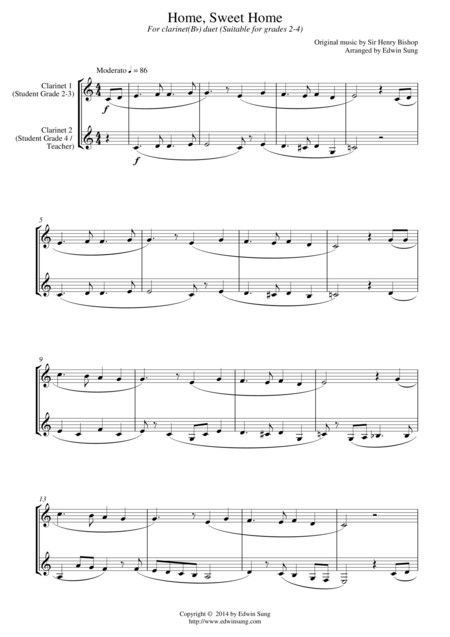 Free Sheet Music Home Sweet Home For Clarinet Bb Duet Suitable For Grades 2 4