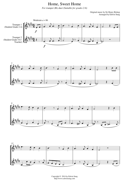 Free Sheet Music Home Sweet Home For Trumpet Bb Duet Suitable For Grades 2 6