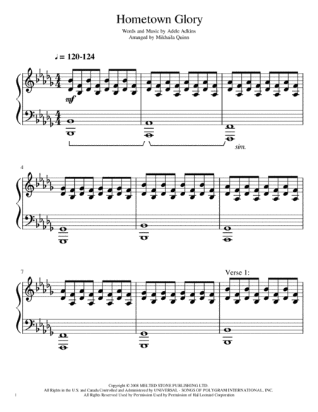 Hometown Glory Piano Accompaniment Sheet Music