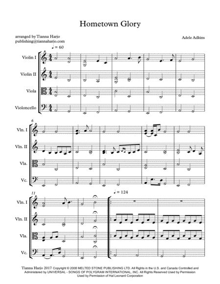 Hometown Glory String Quartet Sheet Music