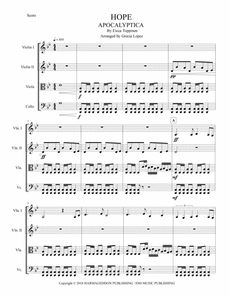 Free Sheet Music Hope Apocalyptica Strings Quartet