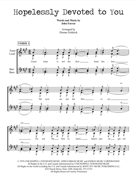 Free Sheet Music Hopelessly Devoted To You Womens Barbershop Choral Pricing