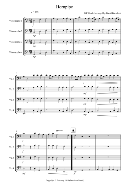 Free Sheet Music Hornpipe From Handels Water Music For Cello Quartet