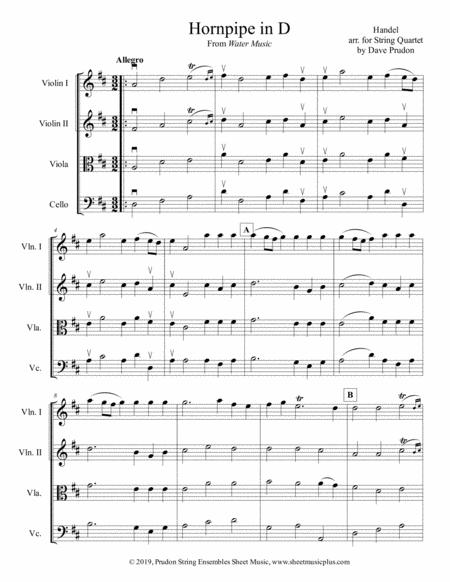 Free Sheet Music Hornpipe In D From Water Music For String Quartet