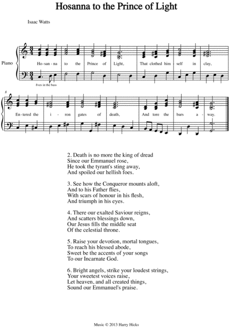 Hosanna To The Prince Of Light A New Tune To A Wonderful Isaac Watts Hymn Sheet Music