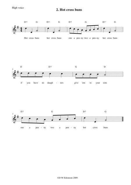 Hot Cross Buns Arranged For High Voice Medium Voice Or Low Voice With Guitar Chord Accompaniments Sheet Music