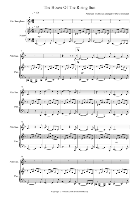 House Of The Rising Sun For Alto Saxophone And Piano Sheet Music