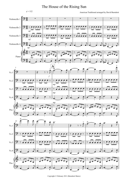 House Of The Rising Sun For Cello Quartet Sheet Music