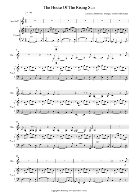 Free Sheet Music House Of The Rising Sun For French Horn And Piano