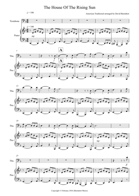 Free Sheet Music House Of The Rising Sun For Trombone And Piano