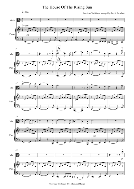 Free Sheet Music House Of The Rising Sun For Viola And Piano