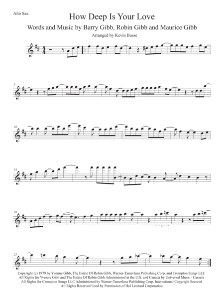 How Deep Is Your Love Alto Sax Sheet Music