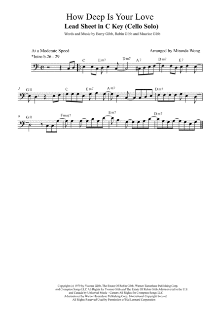 How Deep Is Your Love Cello Solo In C Key With Chords Sheet Music