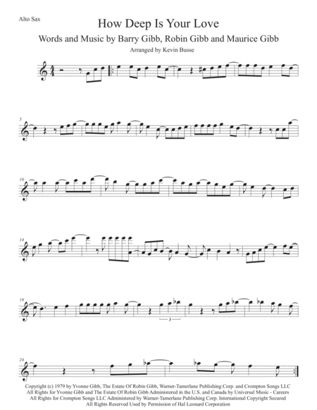 Free Sheet Music How Deep Is Your Love Easy Key Of C Alto Sax