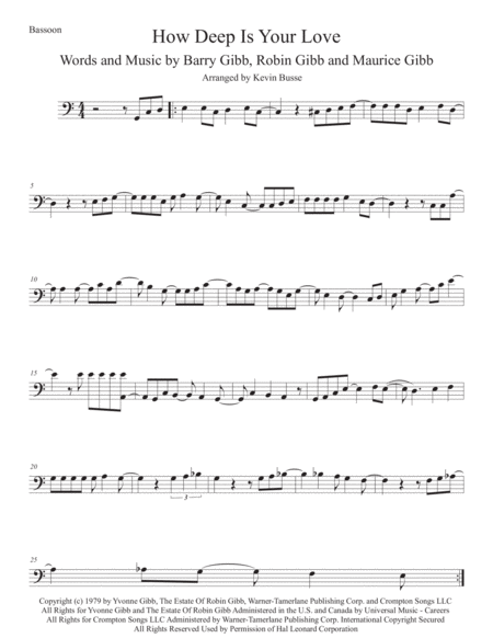 Free Sheet Music How Deep Is Your Love Easy Key Of C Bassoon