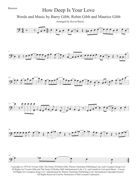 How Deep Is Your Love Easy Key Of C Bassoon Sheet Music