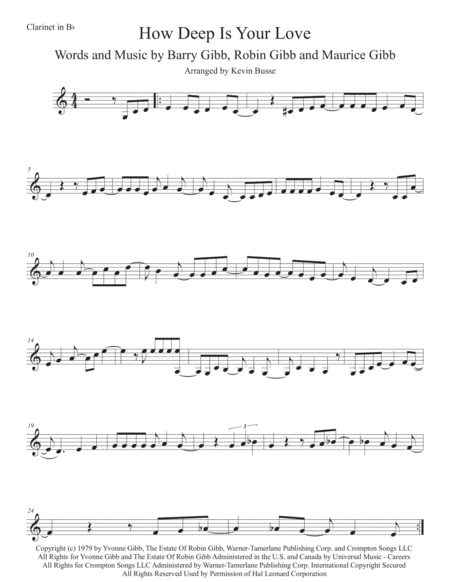 Free Sheet Music How Deep Is Your Love Easy Key Of C Clarinet