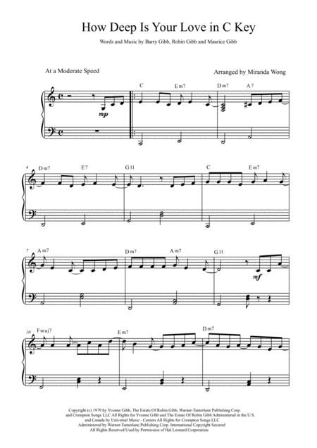 How Deep Is Your Love Easy Piano Solo In C Key With Chords Sheet Music