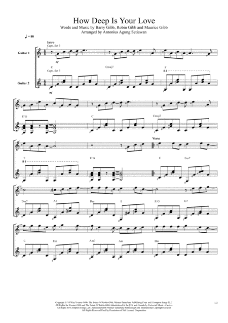 How Deep Is Your Love From The Motion Picture Saturday Night Fever Duet Guitar Score Sheet Music