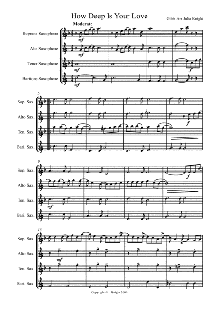 How Deep Is Your Love From The Motion Picture Saturday Night Fever For Saxophone Quartet Sheet Music