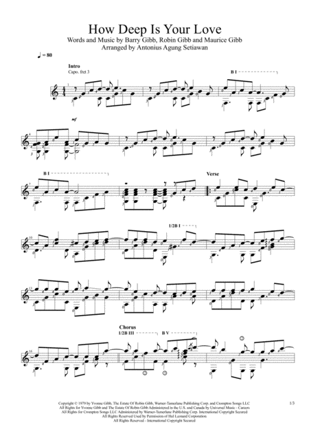 How Deep Is Your Love From The Motion Picture Saturday Night Fever Solo Guitar Score Sheet Music