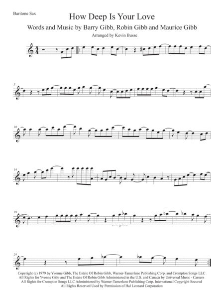 How Deep Is Your Love Saturday Night Fever Original Key Bari Sax Sheet Music