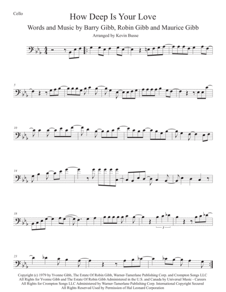 How Deep Is Your Love Saturday Night Fever Original Key Cello Sheet Music