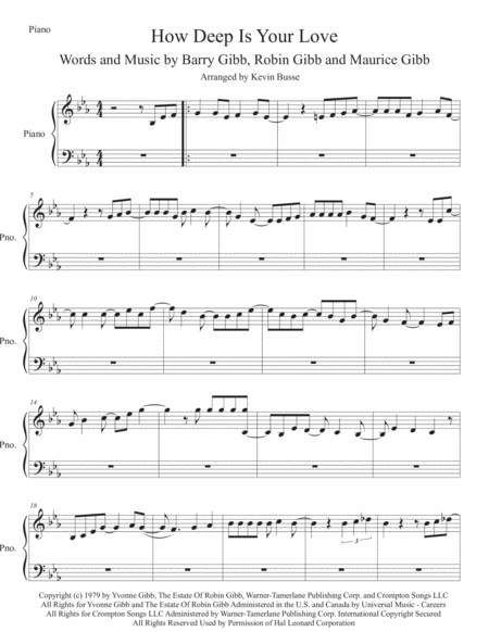 Free Sheet Music How Deep Is Your Love Saturday Night Fever Original Key Piano