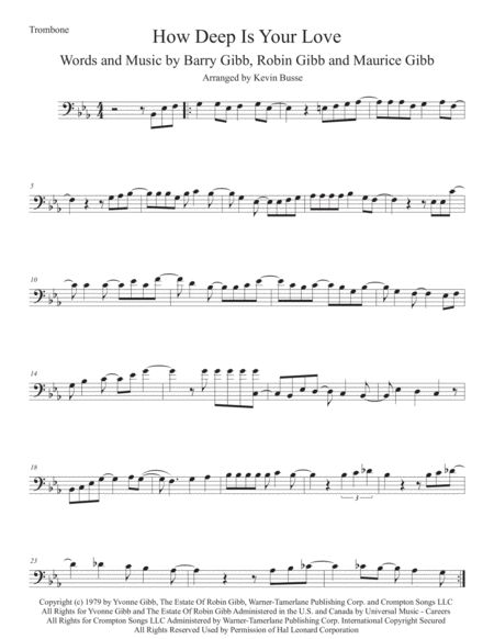 How Deep Is Your Love Saturday Night Fever Original Key Trombone Sheet Music