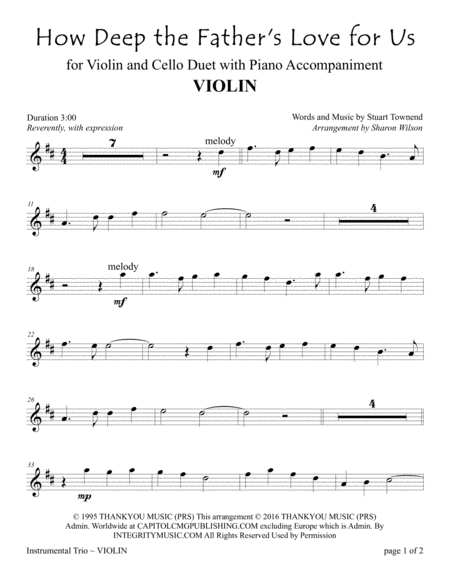 Free Sheet Music How Deep The Fathers Love For Us For Violin And Cello Duet With Piano Accompaniment