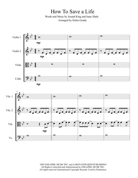 How To Save A Life By The Fray Arranged For String Quartet Sheet Music