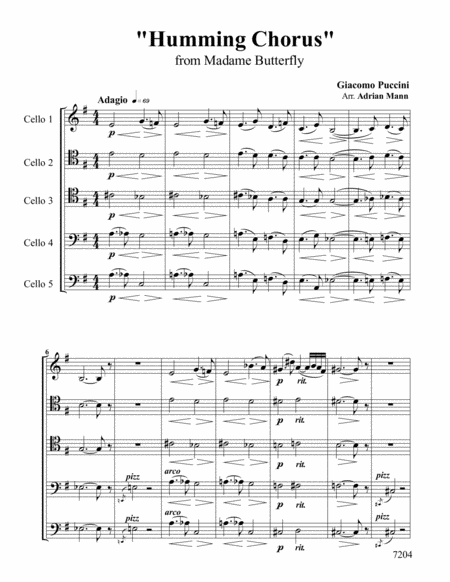 Humming Chorus From Madame Butterfly For 5 Cellos Sheet Music