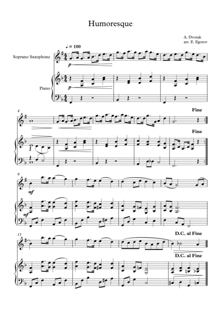 Free Sheet Music Humoresque Antonin Dvorak For Soprano Saxophone Piano