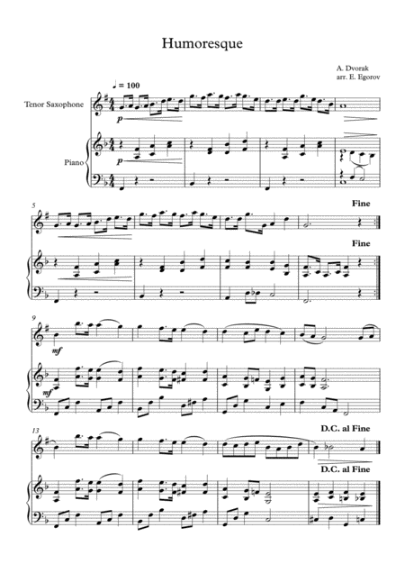 Free Sheet Music Humoresque Antonin Dvorak For Tenor Saxophone Piano