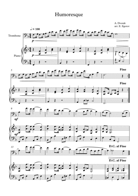 Humoresque Antonin Dvorak For Trombone Piano Sheet Music
