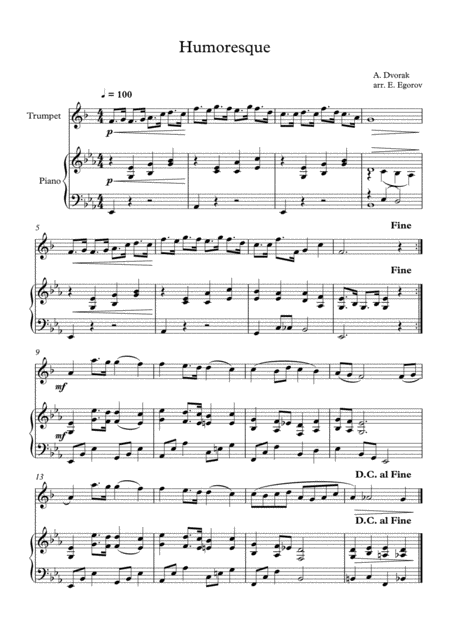 Humoresque Antonin Dvorak For Trumpet Piano Sheet Music