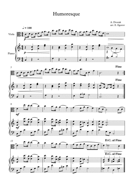 Free Sheet Music Humoresque Antonin Dvorak For Viola Piano