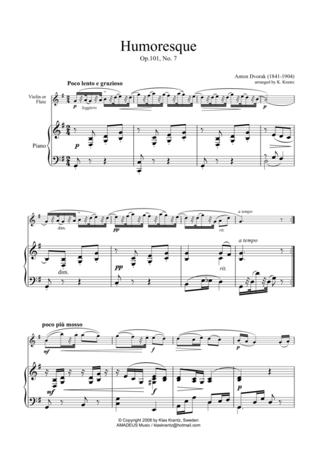 Free Sheet Music Humoresque For Violin Or Flute And Piano Easy Version