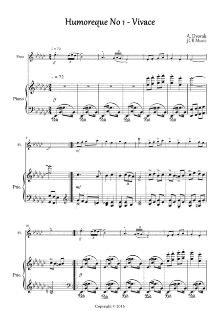 Humoresque No 1 A Dvorak Flute And Piano Sheet Music