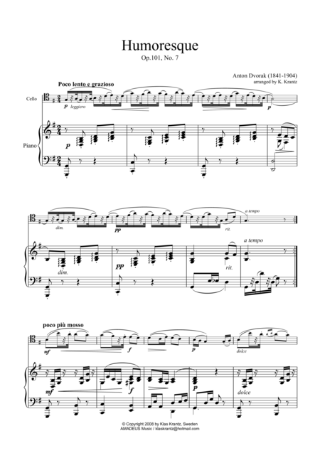 Humoresque Op 101 No 7 For Cello And Piano Sheet Music