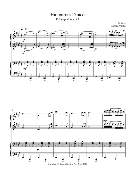 Hungarian Dance 1 Piano 4 Hands Duet Sheet Music